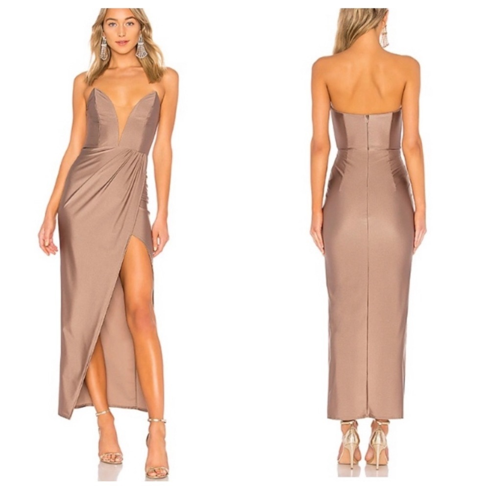 Michael Costello x Resolve Jake strapless gown taupe 13079